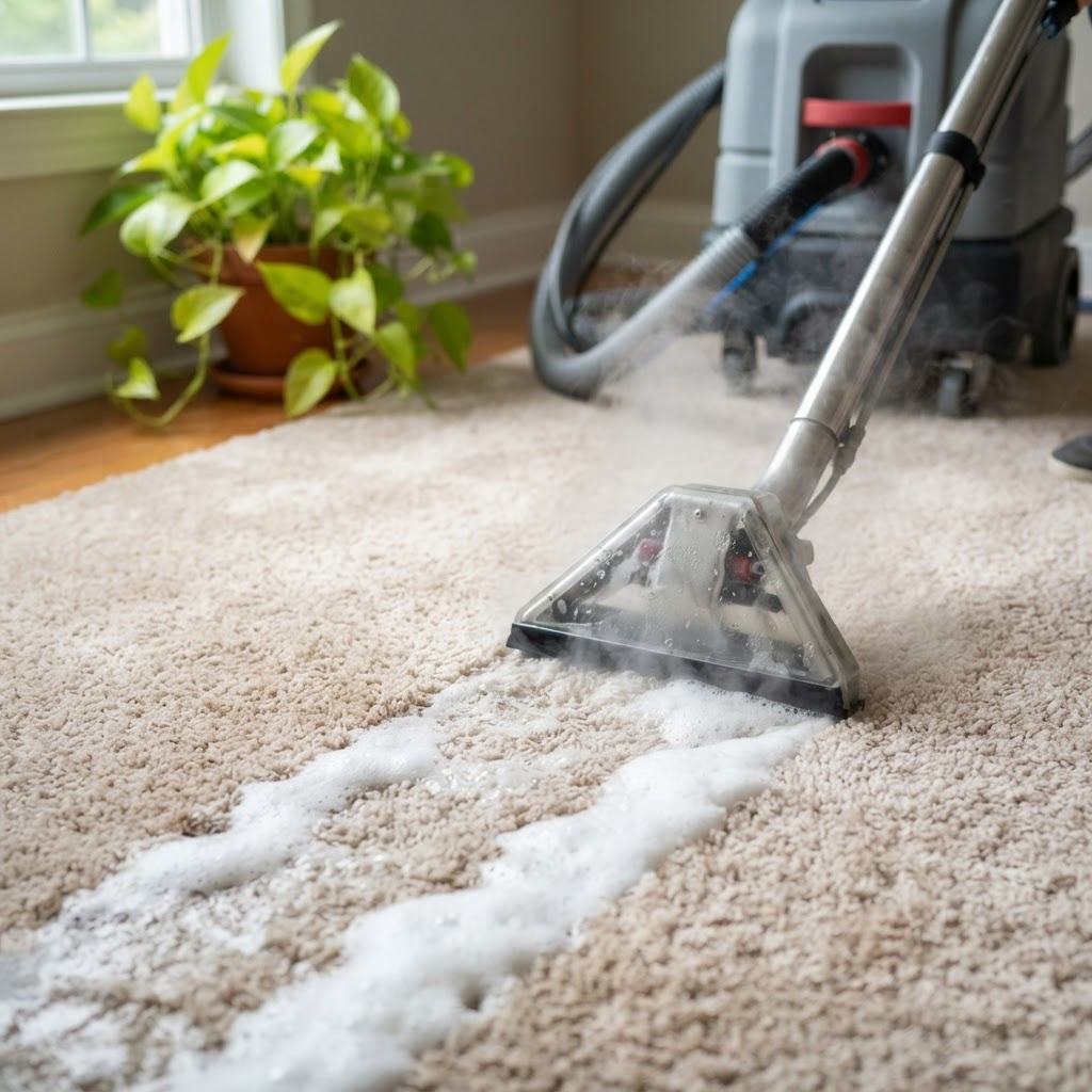 Professional steam cleaning equipment freshening a carpet with eco-friendly plants nearby