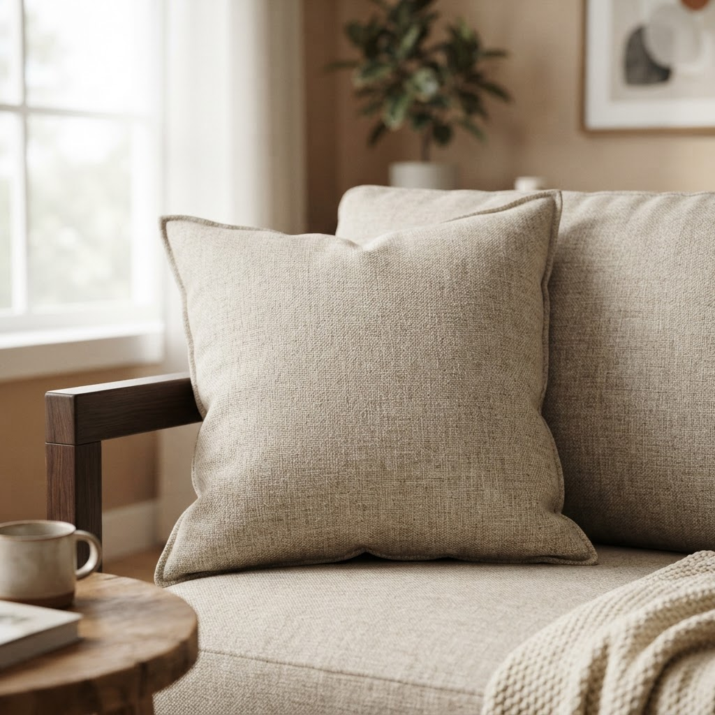 Freshly cleaned fabric sofa upholstery in a cozy living room
